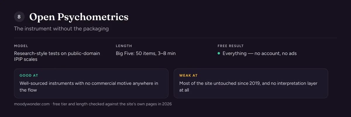 Open Psychometrics free personality test review: model, test length, what the free result includes, and its main strength and weakness